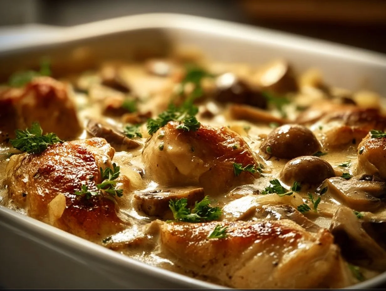 Baked Chicken Stroganoff served with a creamy sauce and mushrooms.