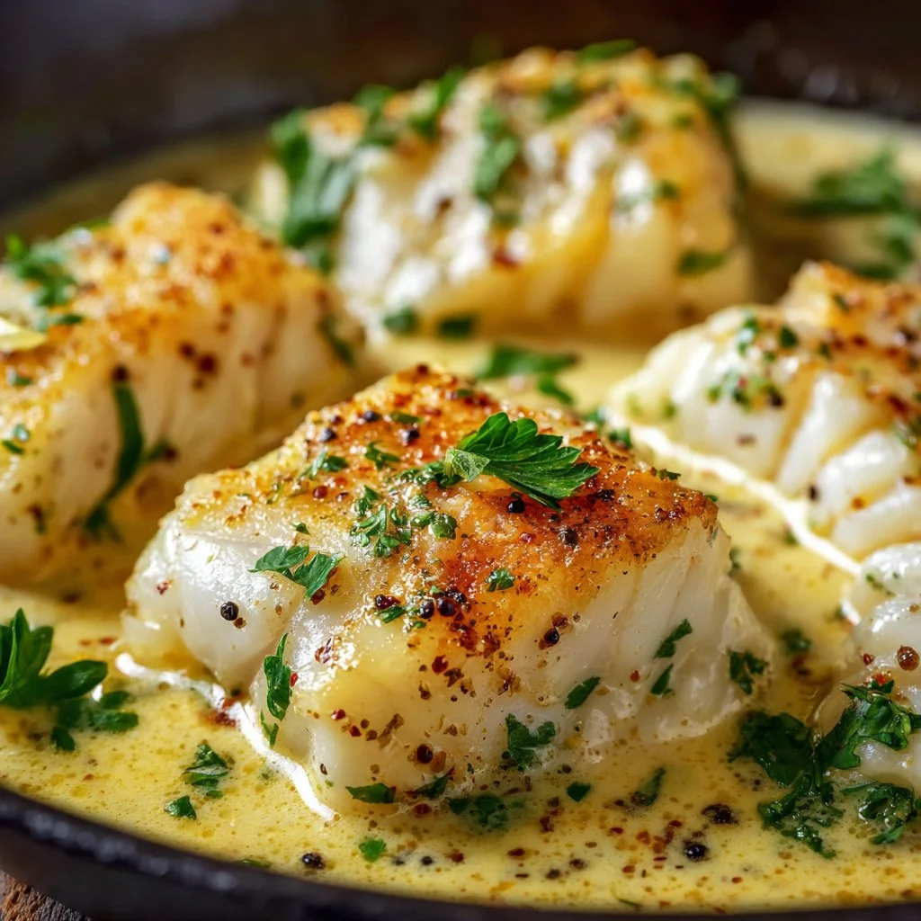 Baked cod fillet topped with coconut lemon cream sauce and herbs.