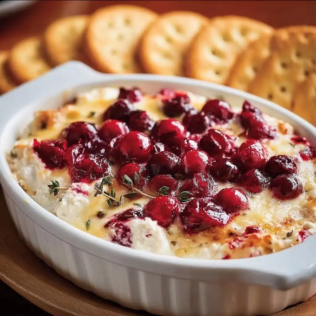 Baked cranberry cream cheese dip served with crackers and fresh herbs