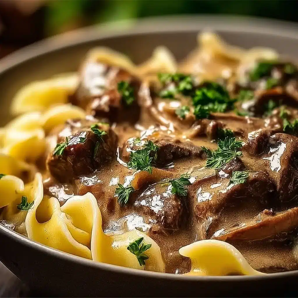 Delicious plate of Beef Stroganoff served with noodles and fresh parsley