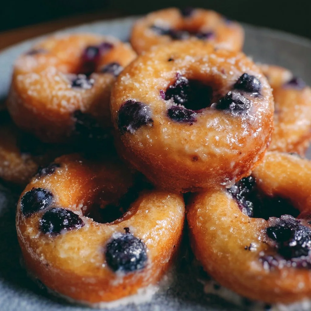 Freshly baked blueberry donuts on a cooling rack