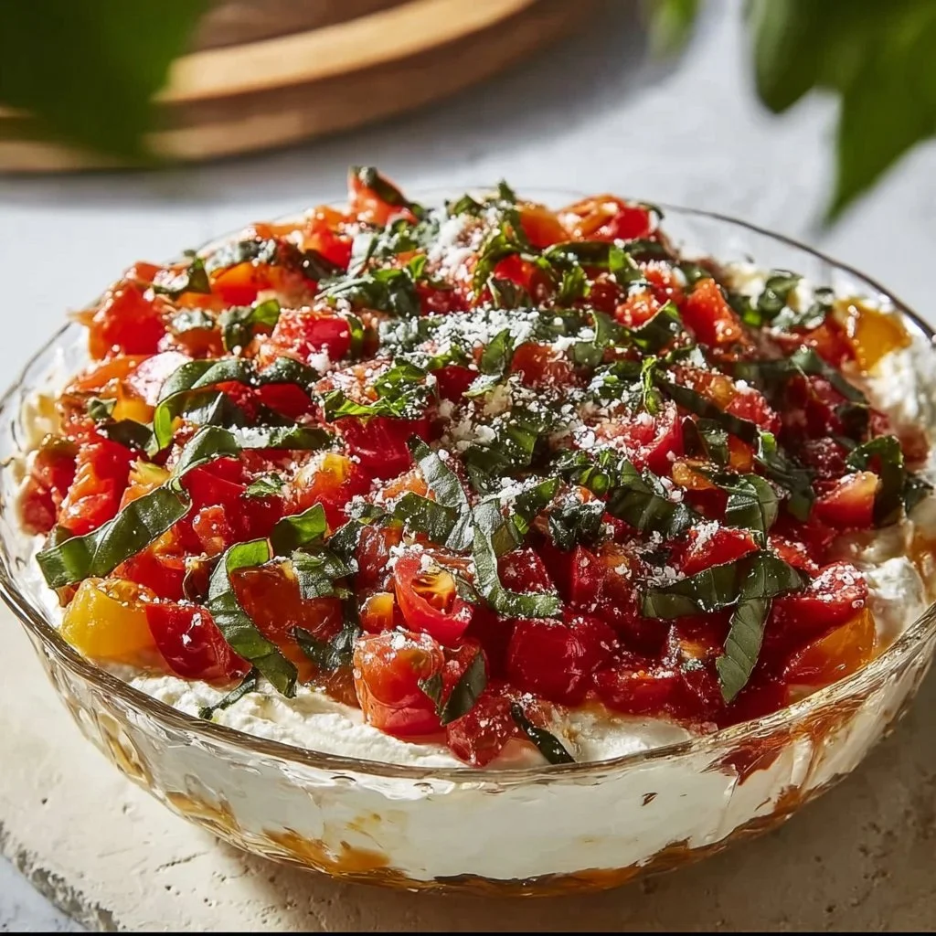 Delicious bruschetta dip served in a bowl with fresh ingredients