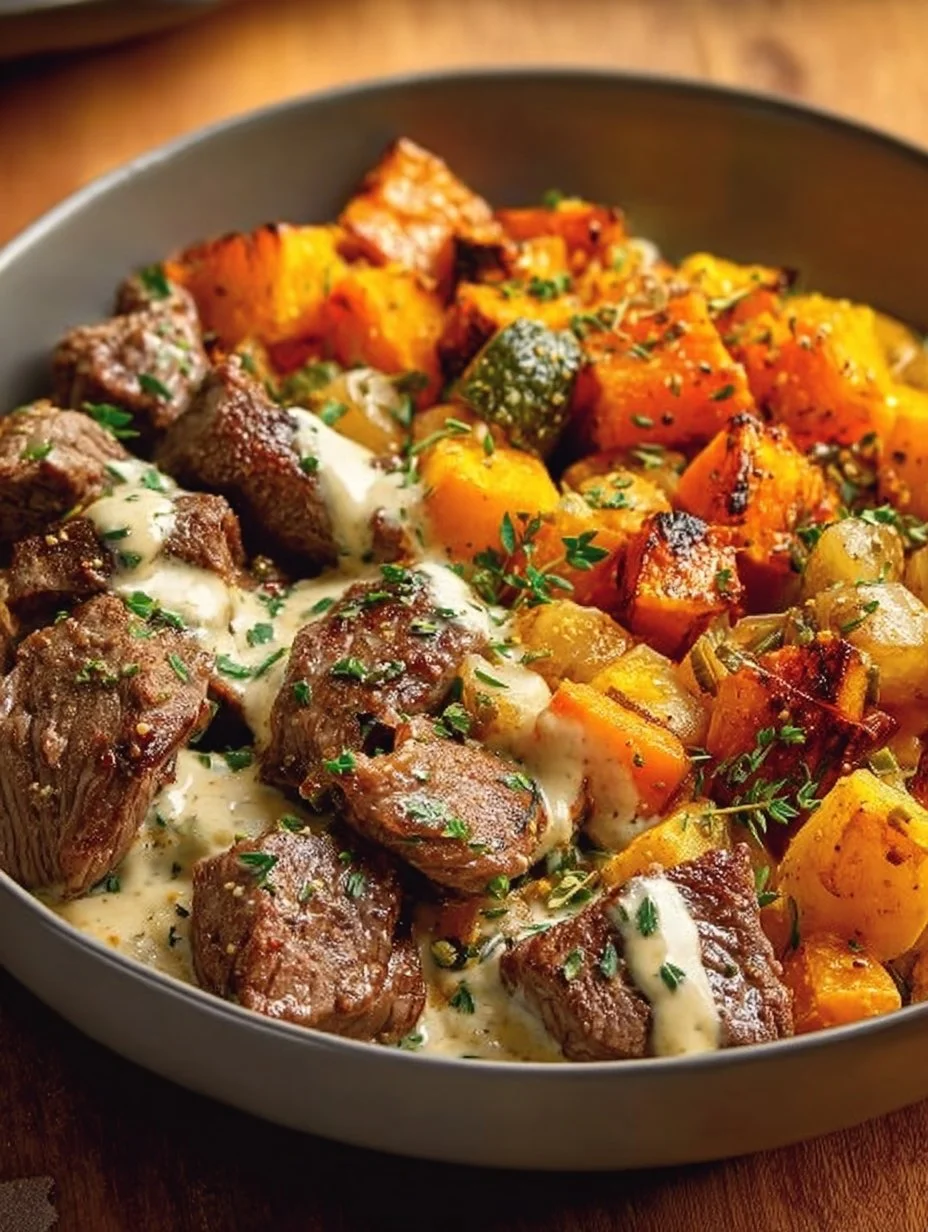 Butternut Squash & Garlic Herb Steak Bowl garnished with fresh herbs