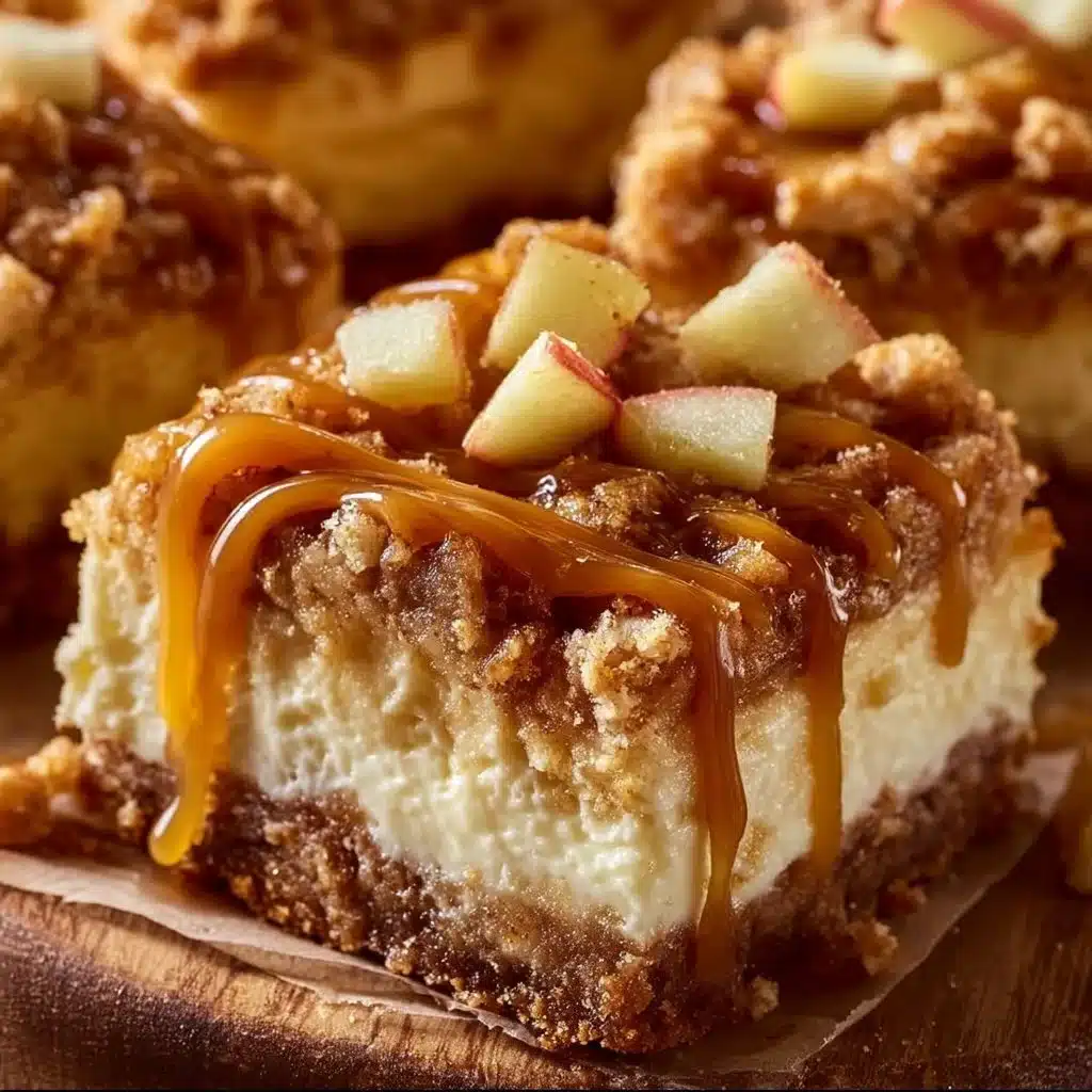 Delicious caramel apple cheesecake bars topped with caramel drizzle and apple slices.
