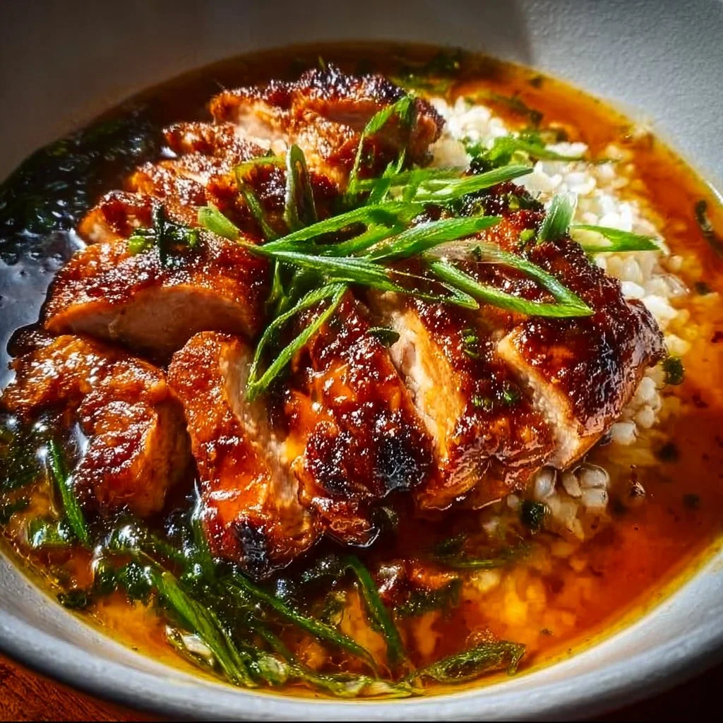 Caramelised Soy Chicken in Garlic Ginger Broth served with Rice