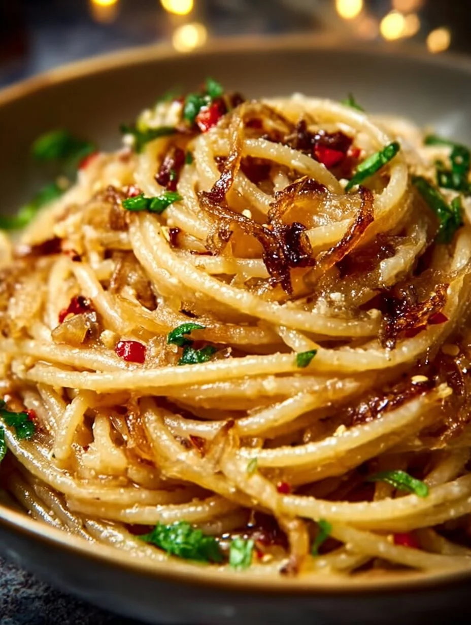Delicious caramelized onion pasta drizzled with chili oil for extra flavor