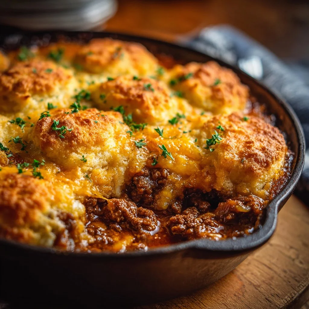 Cheddar Bay Ground Beef Cobbler served in a rustic dish, showcasing golden biscuit topping.