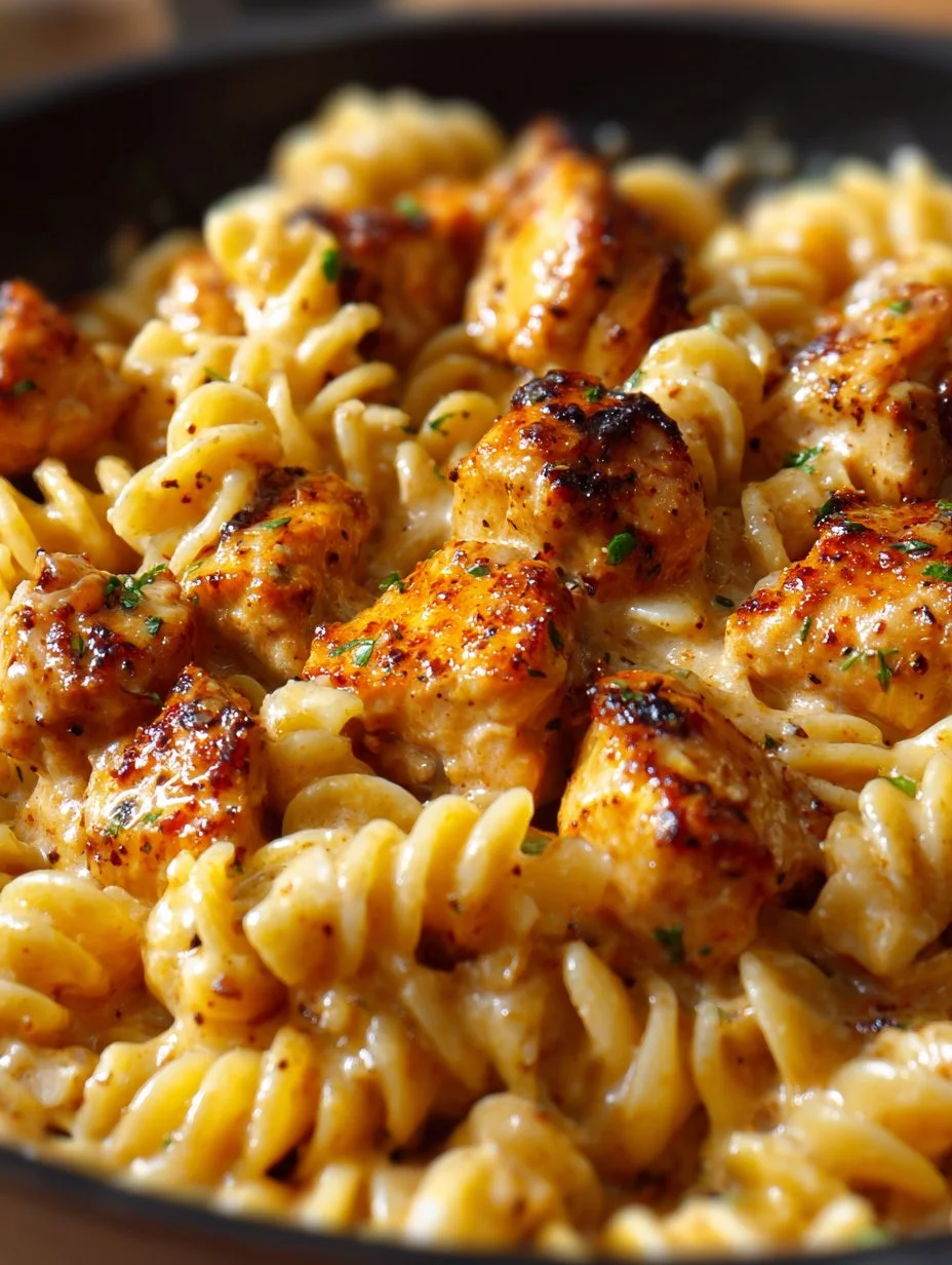 Cheesy Cajun Garlic Chicken Rotini Skillet garnished with herbs