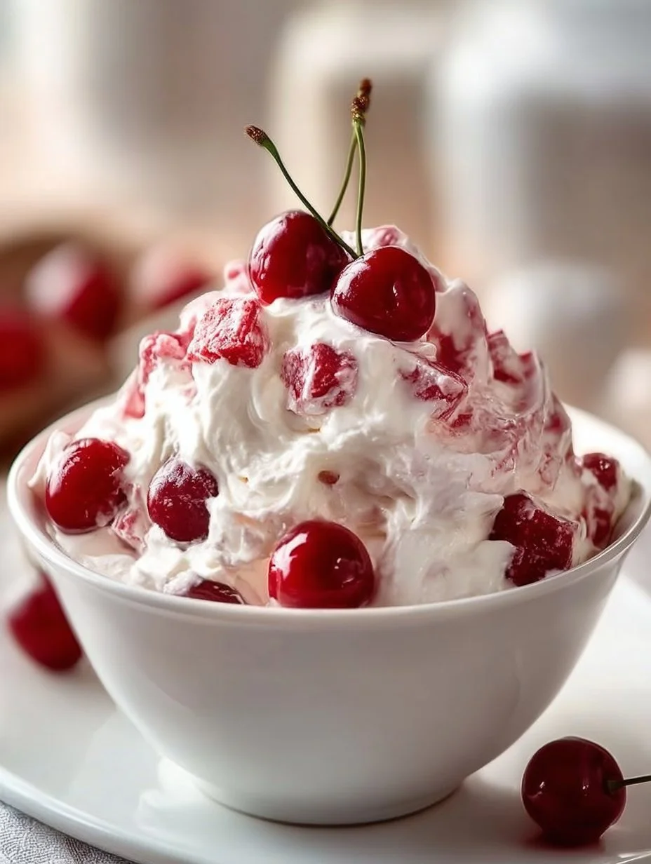 Delicious Cherry Fluff Salad with cherries and whipped cream in a bowl