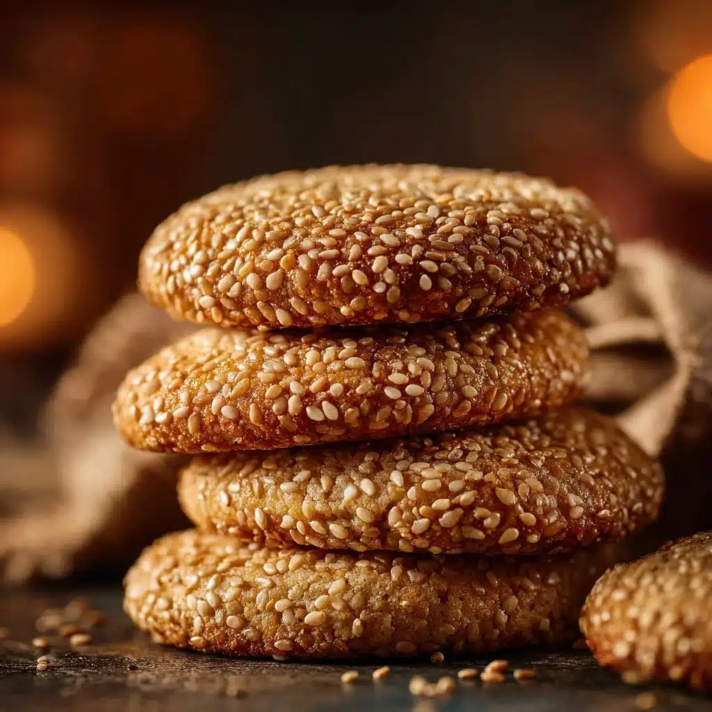 Freshly baked chewy sesame seed cookies on a wooden table.