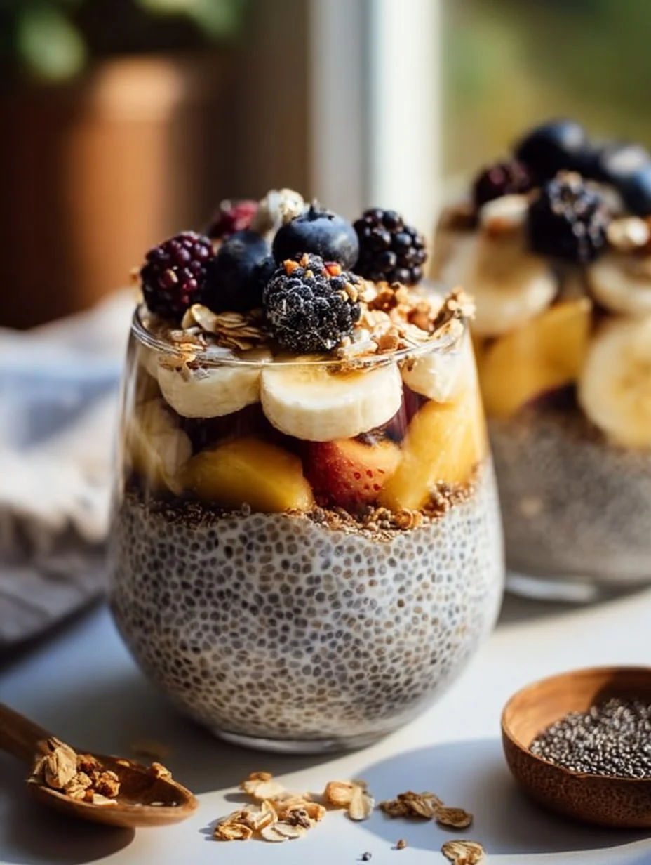 Delicious chia pudding topped with fresh fruits and nuts in a clear bowl