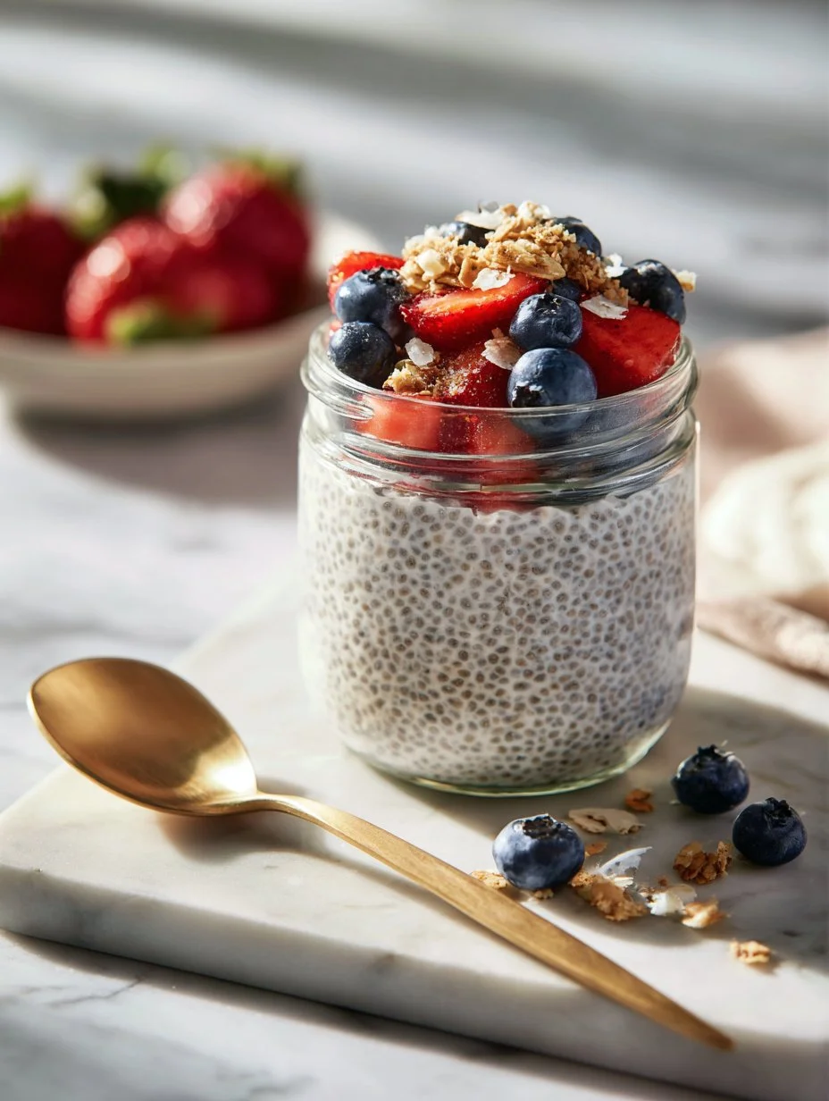 Delicious chia seed pudding topped with fresh fruits and nuts