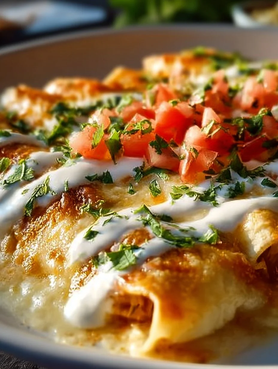 Creamy chicken enchiladas with sour cream white sauce served on a plate
