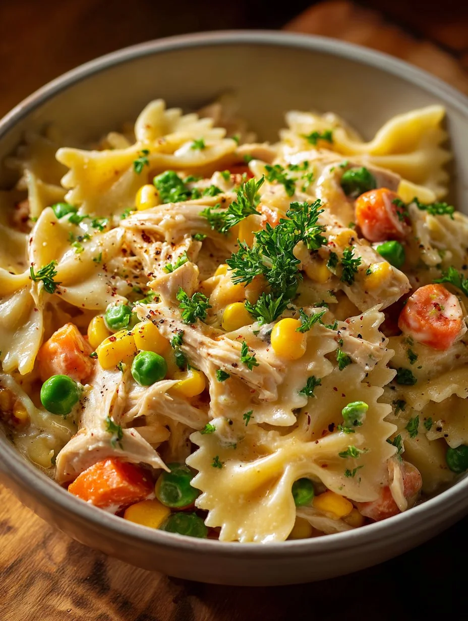 Creamy chicken pot pie pasta with vegetables and flaky crust