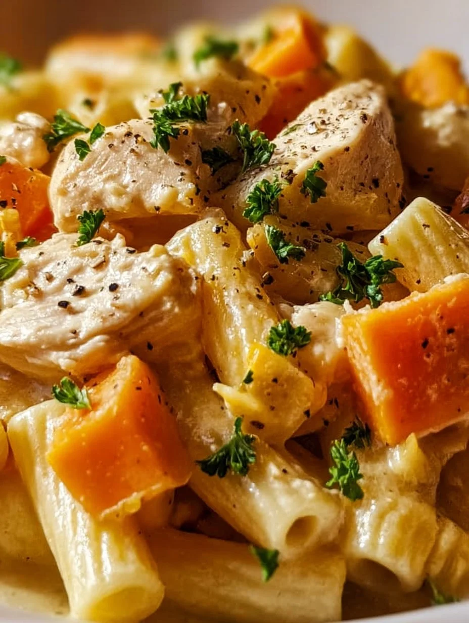 Delicious chicken pot pie pasta served in a bowl with fresh ingredients.