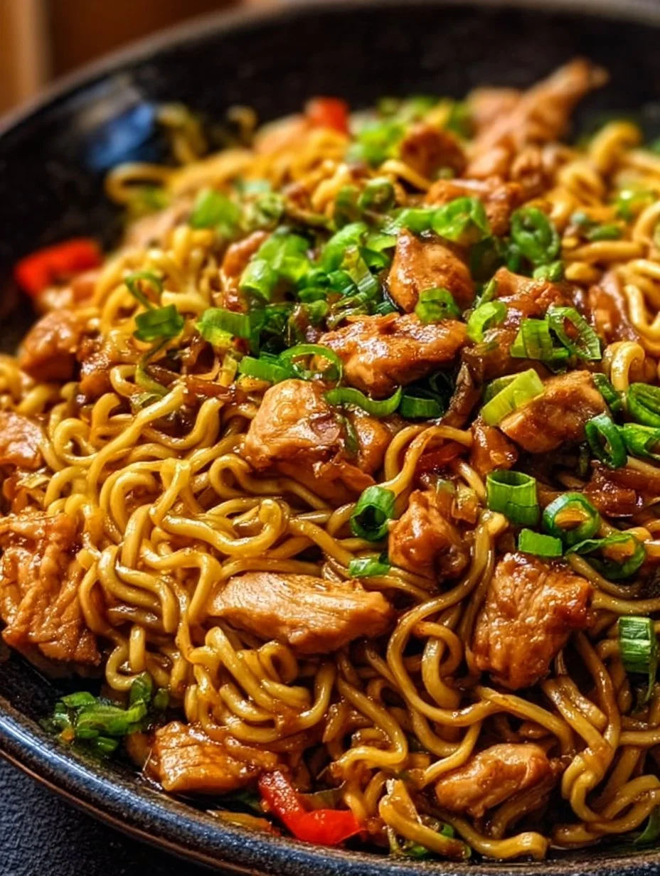 Delicious chicken ramen stir fry in a bowl with colorful vegetables.