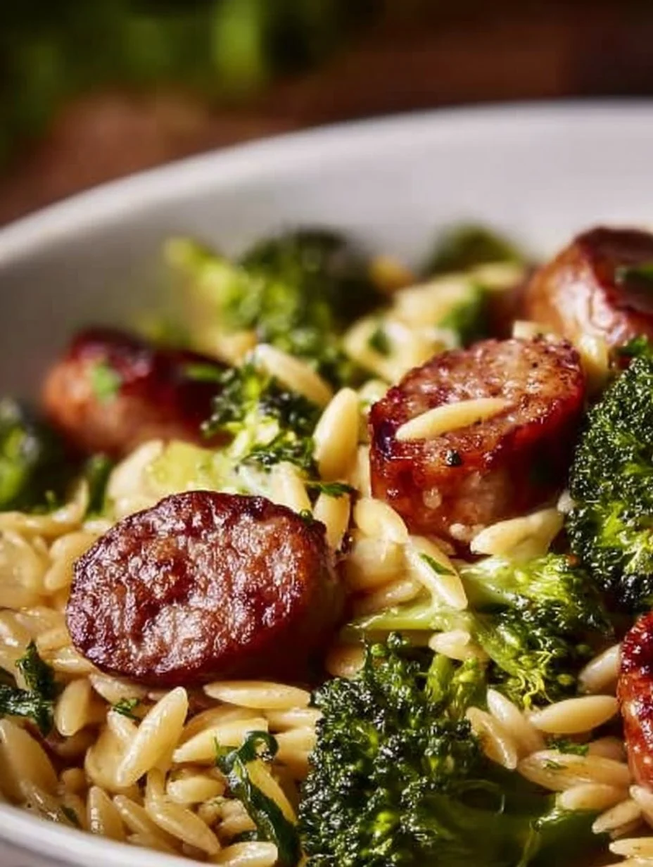 Plate of Chicken Sausage and Broccoli Orzo