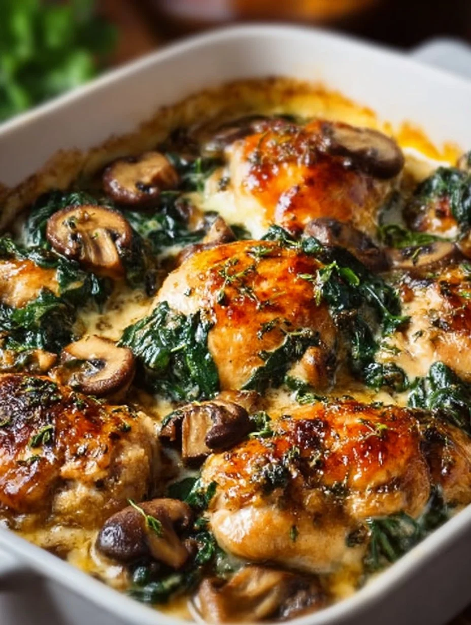 Chicken, Spinach, and Mushroom Oven Dish ready to serve