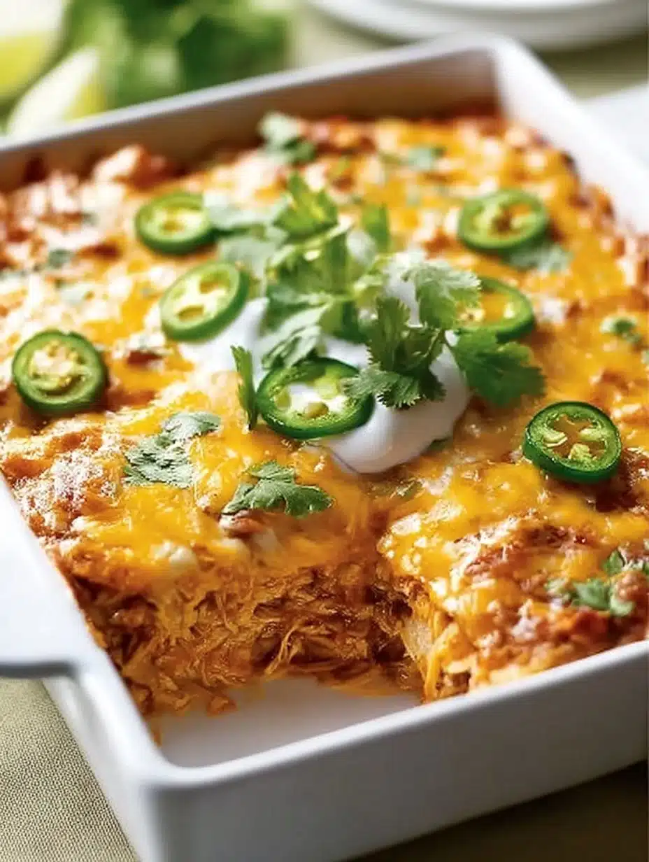 Delicious chicken taco casserole with toppings served in a dish