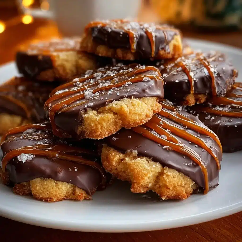 Chocolate-dipped shortbread cookies on a festive plate