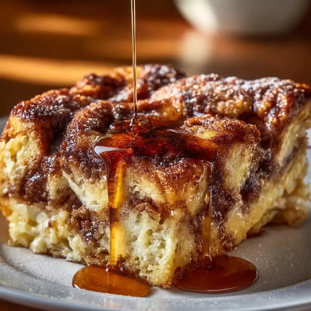 Cinnamon Swirl French Toast Casserole topped with syrup and cinnamon.