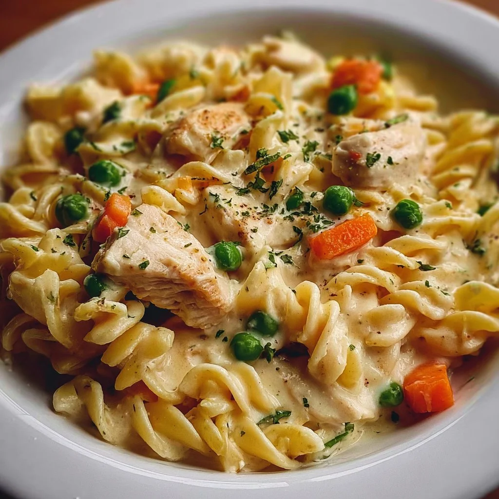 Delicious Classic Chicken Pot Pie Pasta served in a bowl
