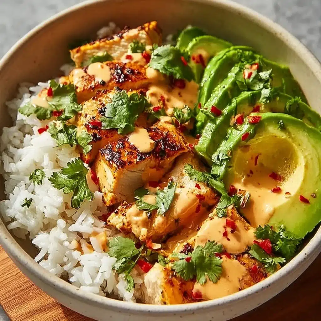 Coconut Chicken Rice Bowl featuring tender chicken and coconut-infused rice.