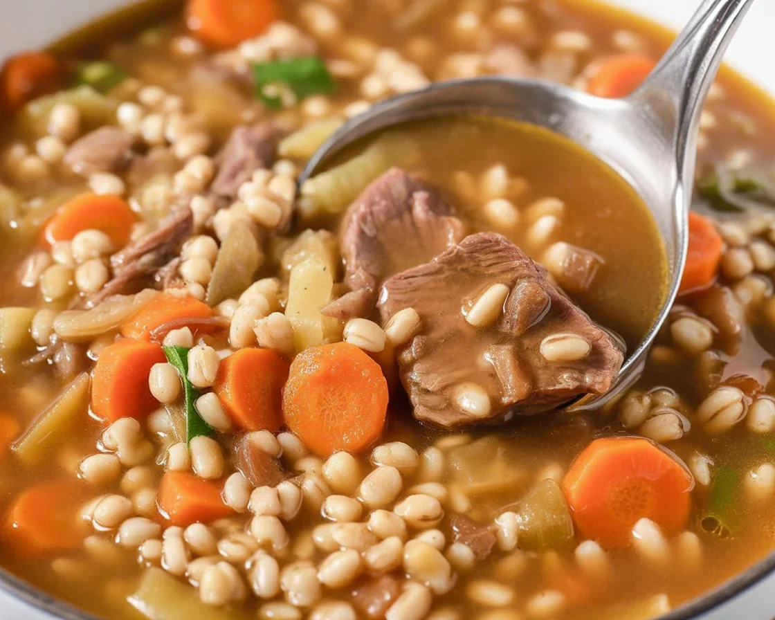 Delicious Hearty Beef and Barley Soup with tender chunks of beef and fresh vegetables
