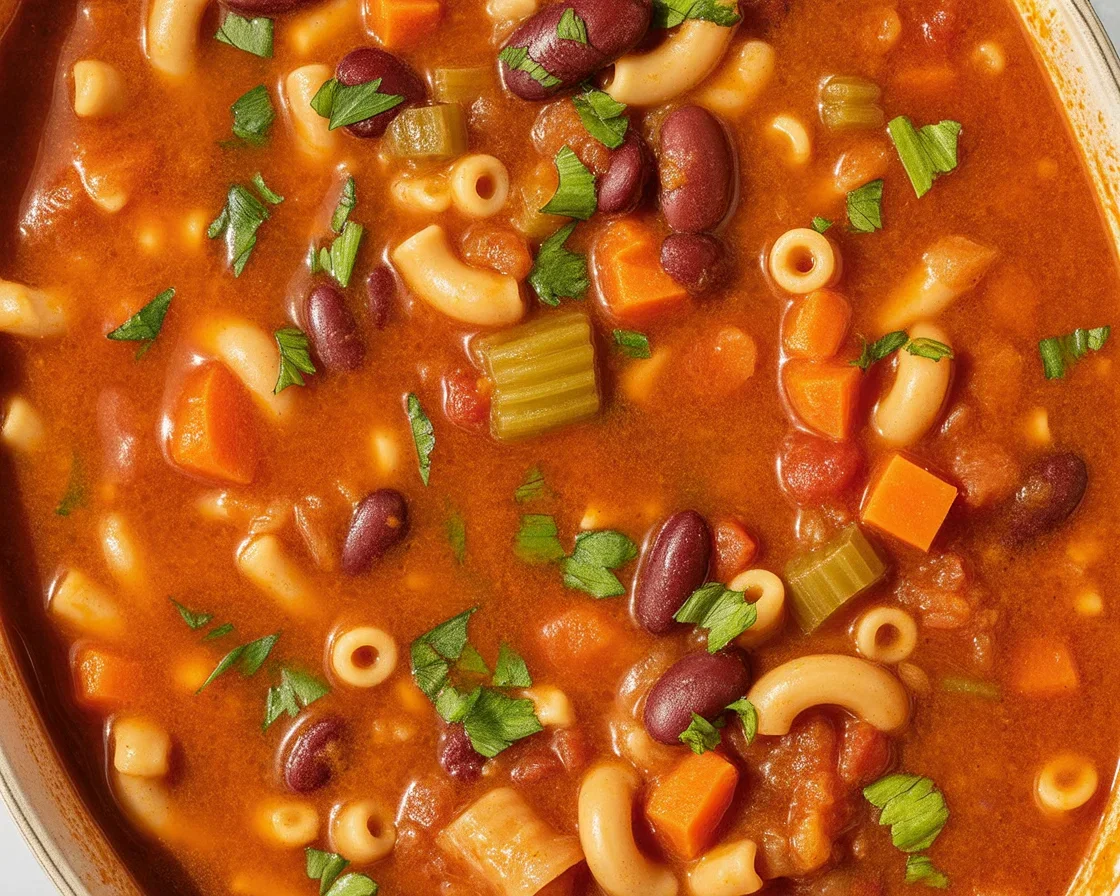 Bowl of hearty Italian Pasta Fagioli Soup with beans and pasta, fresh vegetables, and herbs.