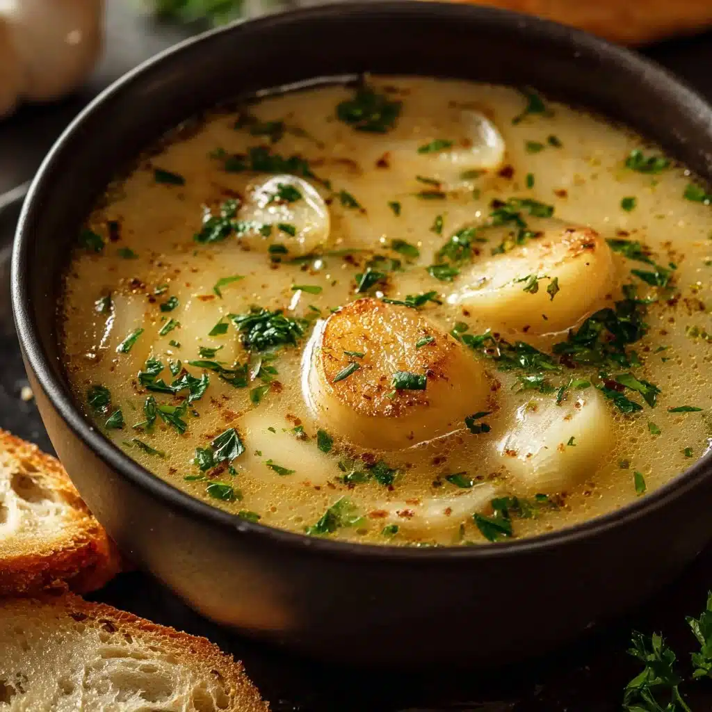 Bowl of Country French Garlic Soup garnished with fresh herbs