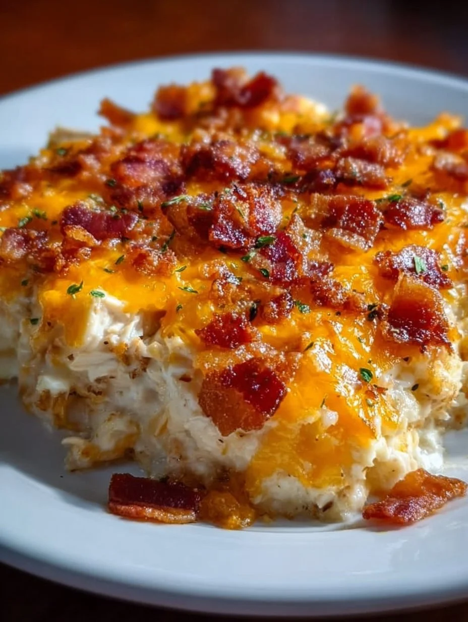 Delicious Crack Chicken Casserole topped with cheddar cheese and green onions.