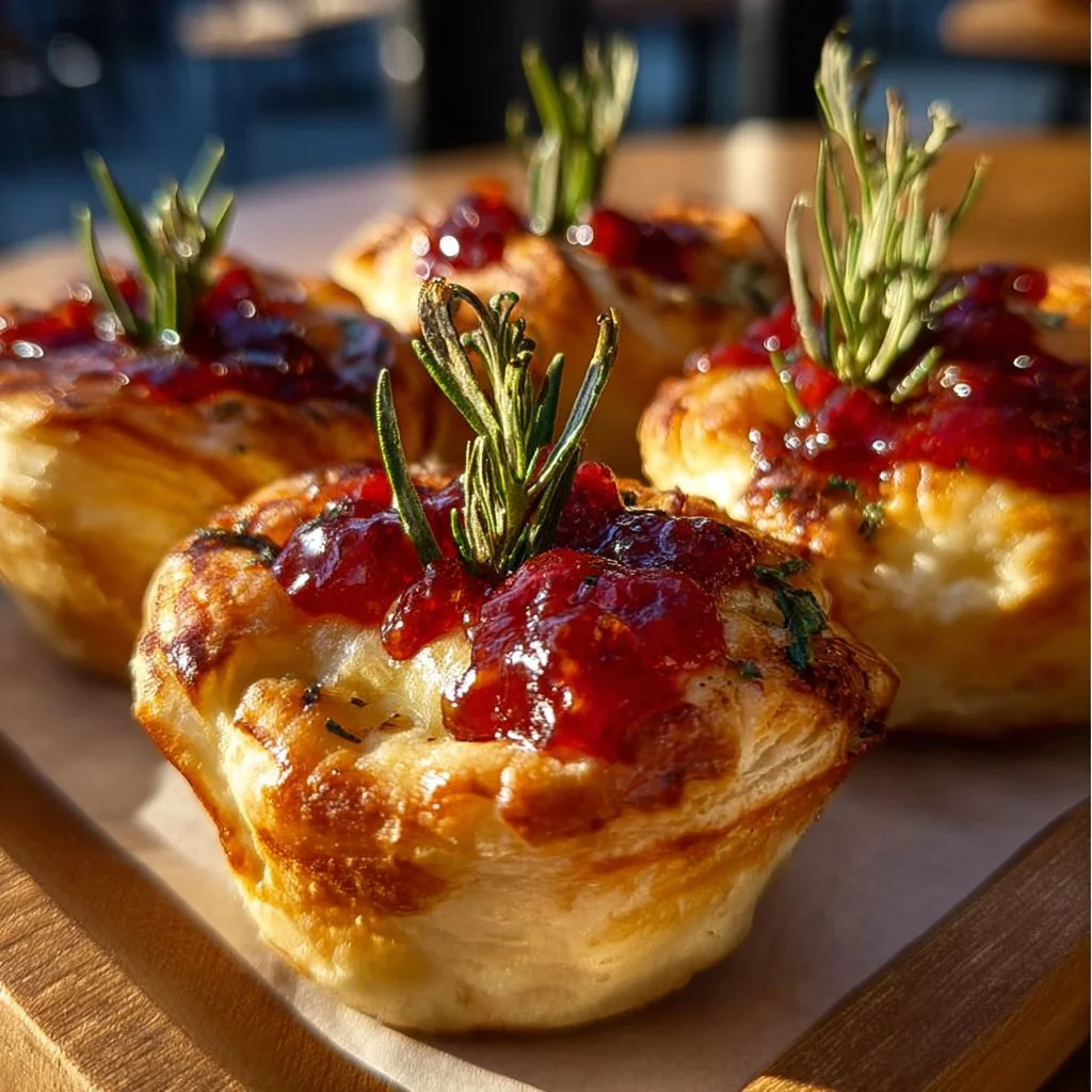 Cranberry Brie Bites with cranberry sauce and flaky pastry, served on a platter.