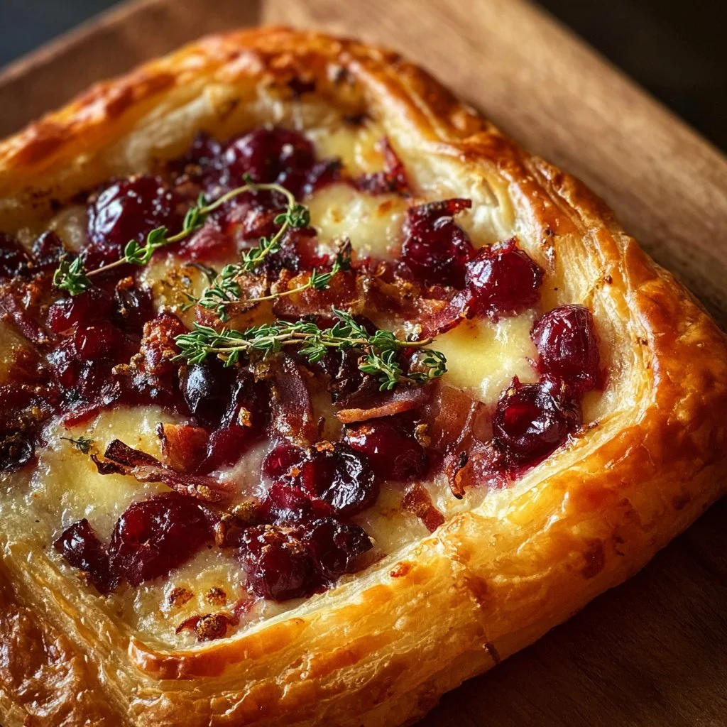 Cranberry Brie Tart with fresh cranberries and melted cheese on a golden crust