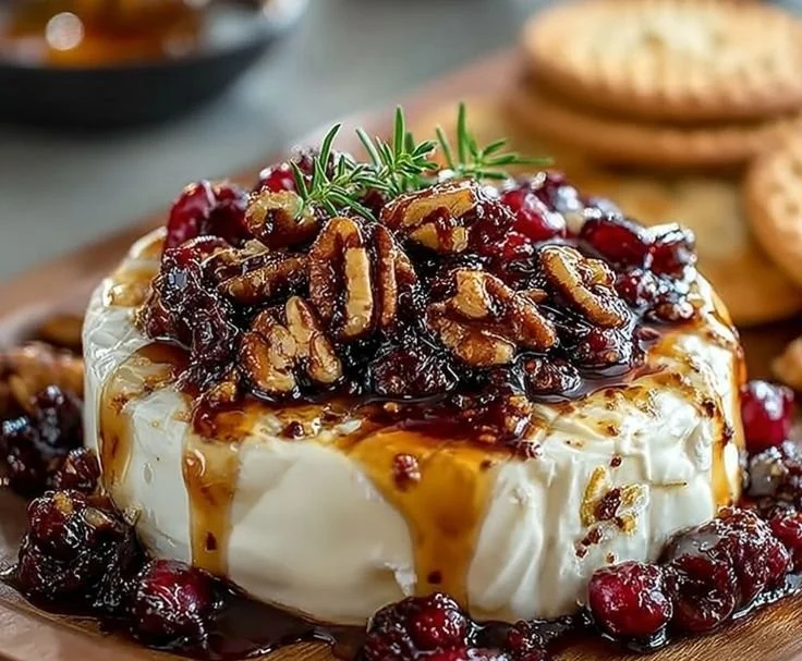 Cranberry Pecan Baked Brie served on a wooden board with crackers