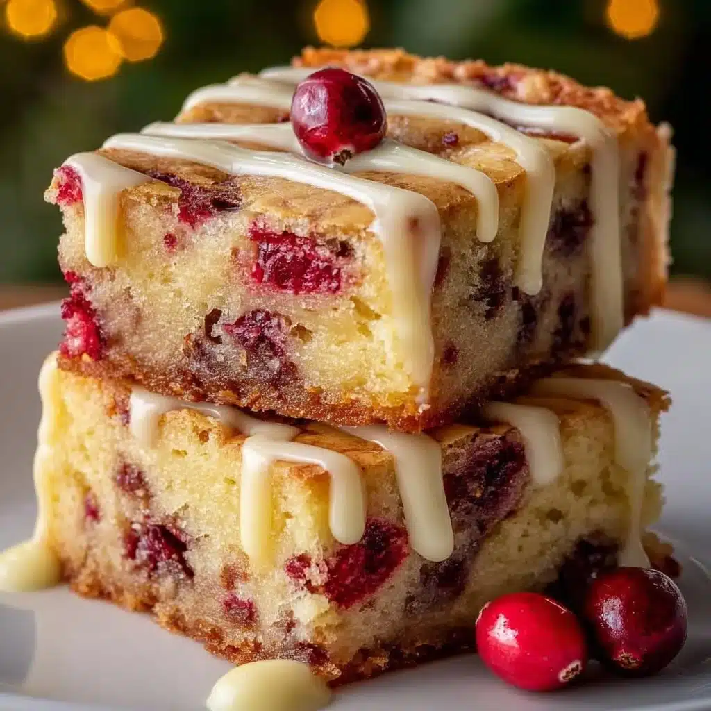 Cranberry white chocolate blondies served on a rustic wooden plate.