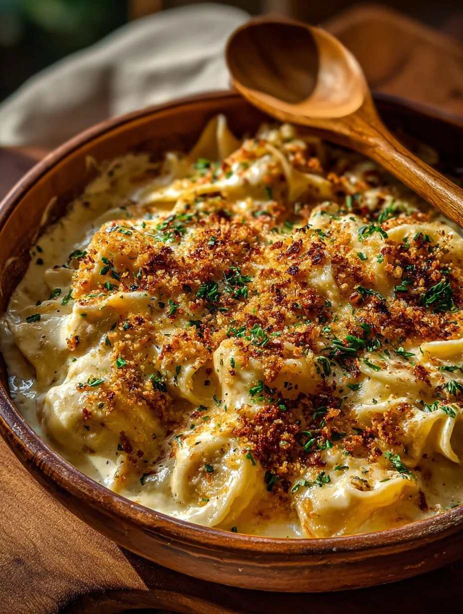 Bowl of creamy Alfredo Lasagna Soup with melted cheese and herbs