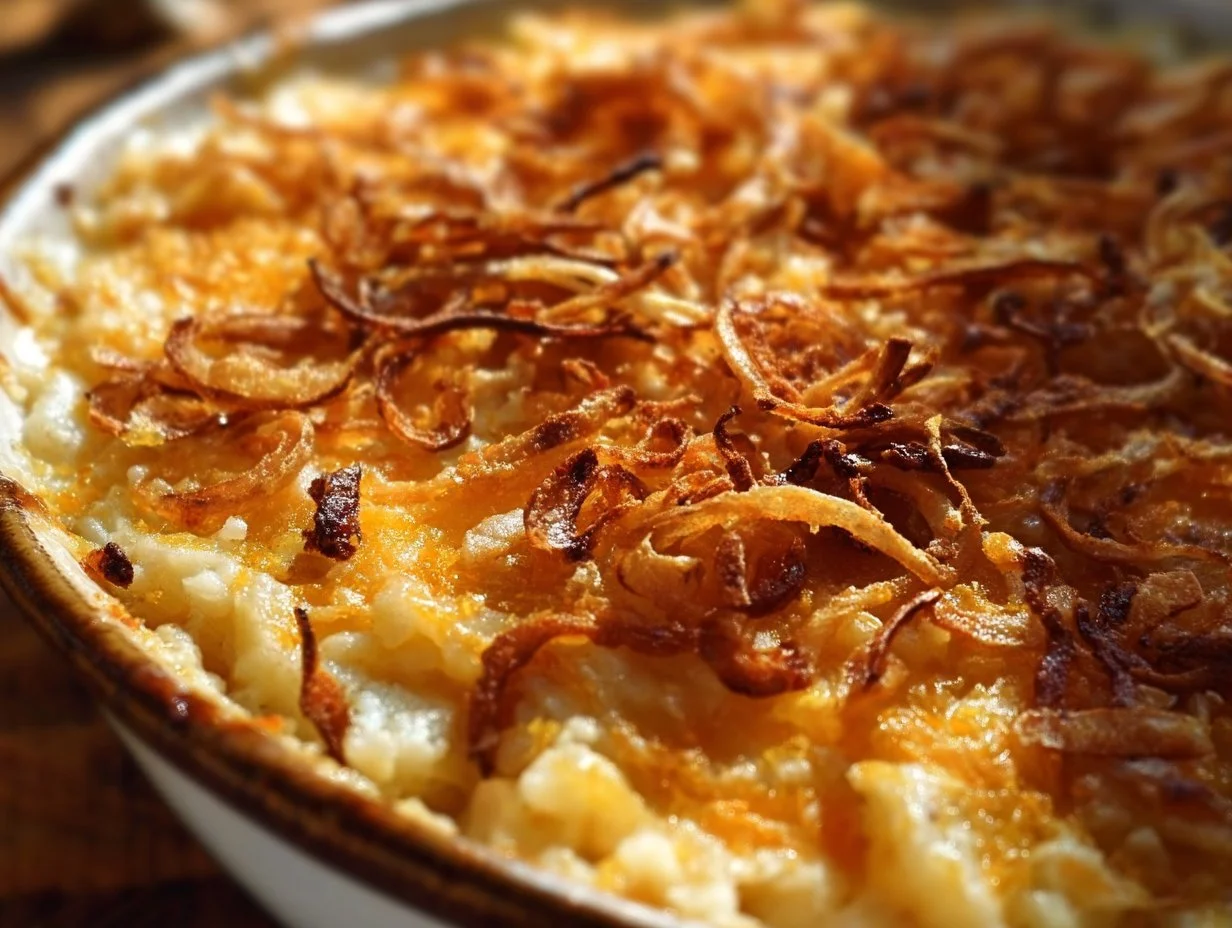 Creamy and cheesy French onion funeral potatoes served in a dish.
