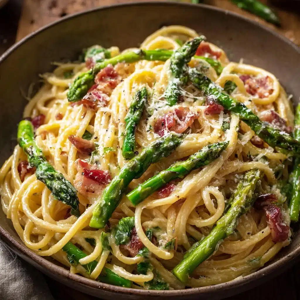 Creamy asparagus pasta with pancetta garnished with fresh herbs