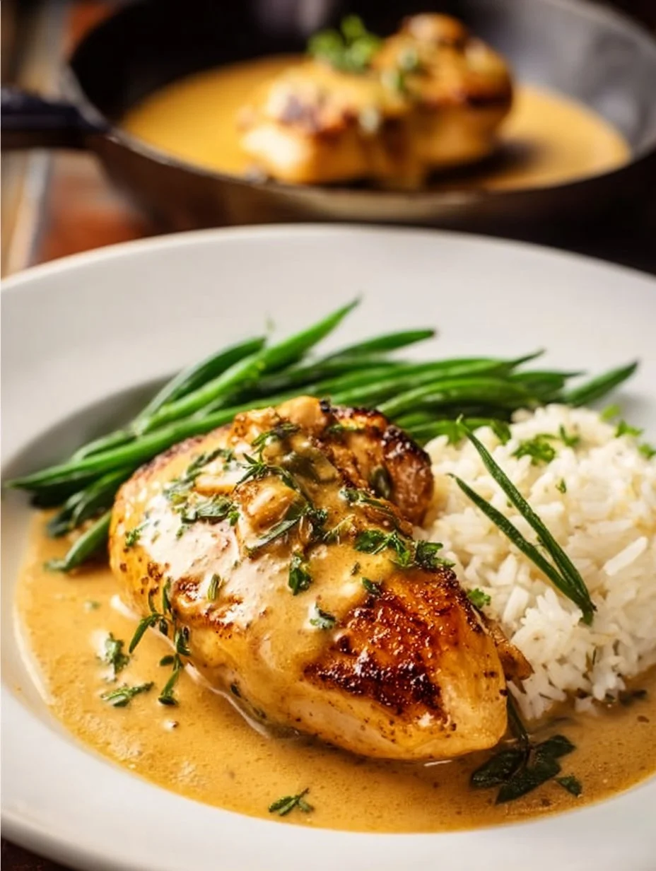 Creamy chicken dish served with a side of vegetables