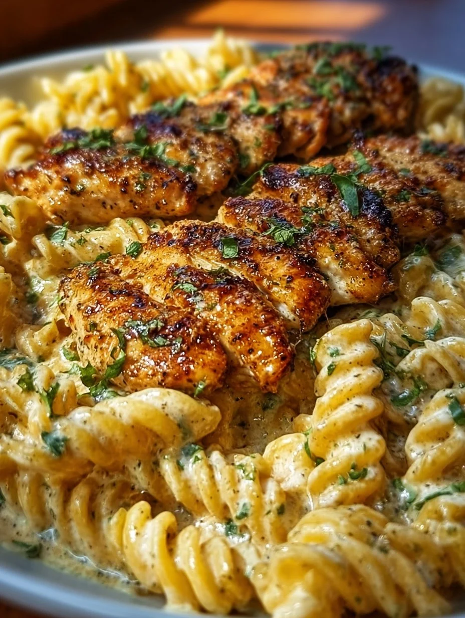 Creamy Garlic Parmesan Chicken served with cheesy twisted pasta dish