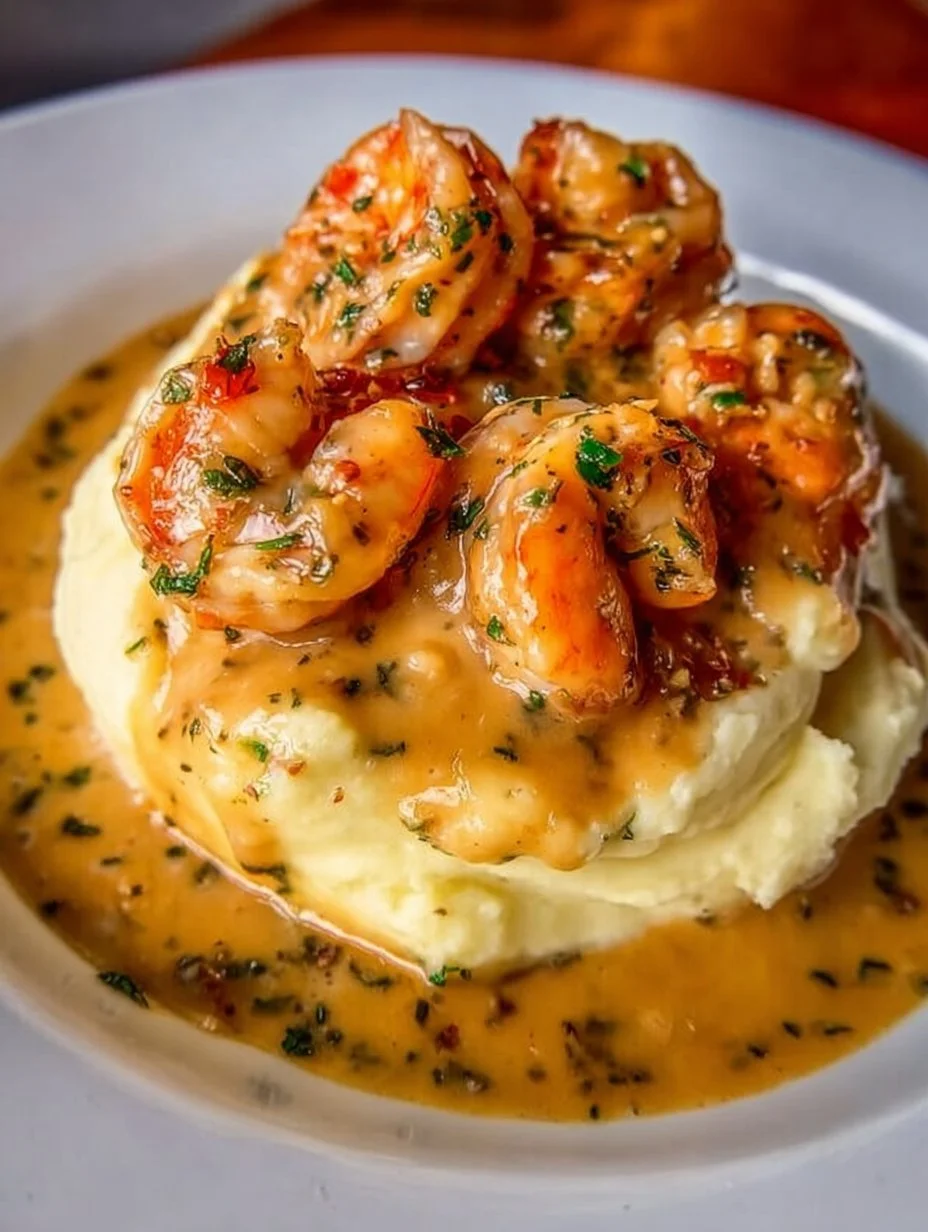 Creamy garlic shrimp served on mashed potatoes, a delicious meal idea.