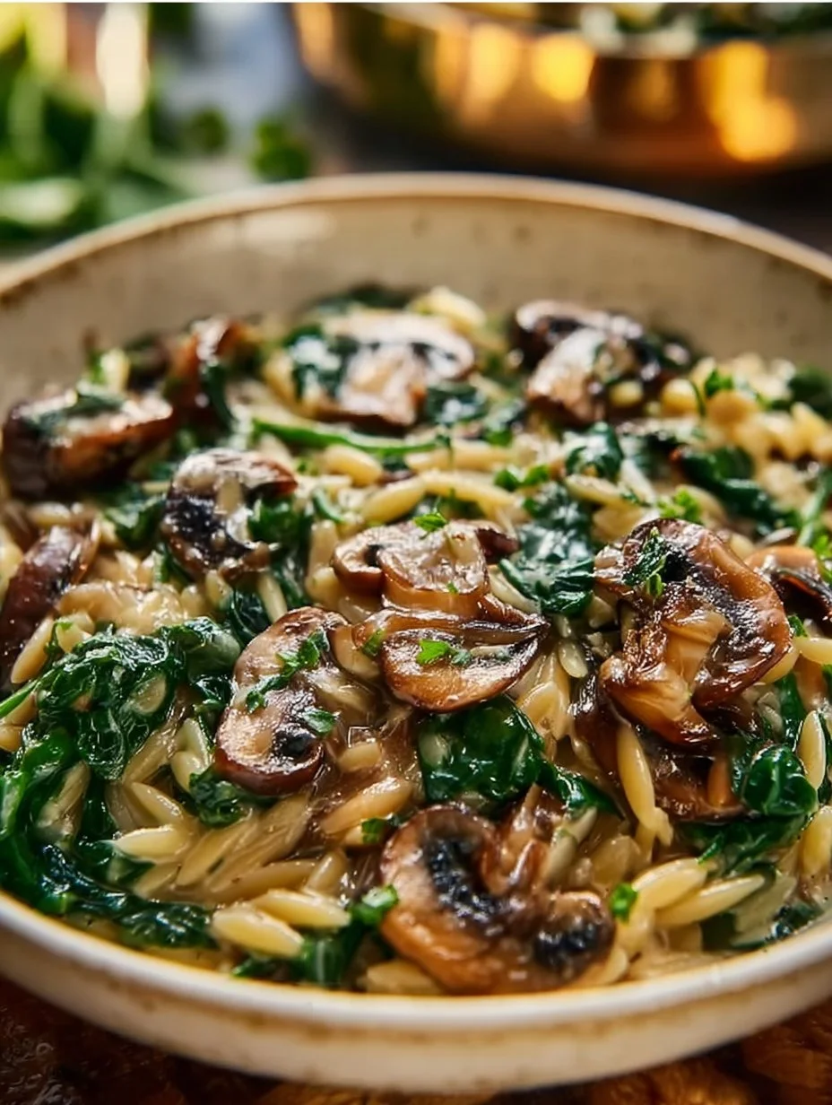Creamy mushroom spinach orzo dish garnished with fresh herbs
