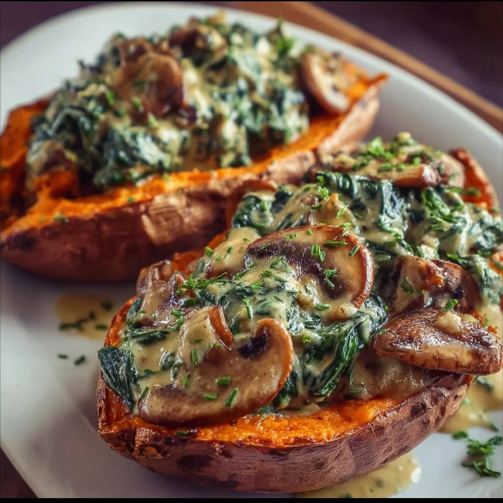 Creamy mushroom and spinach stuffed sweet potatoes on a plate