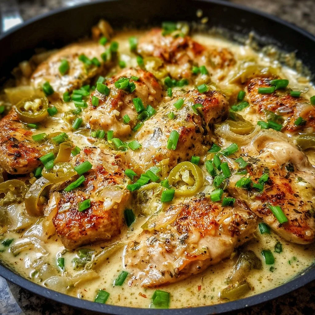 Creamy pepperoncini chicken skillet dish served in a pan