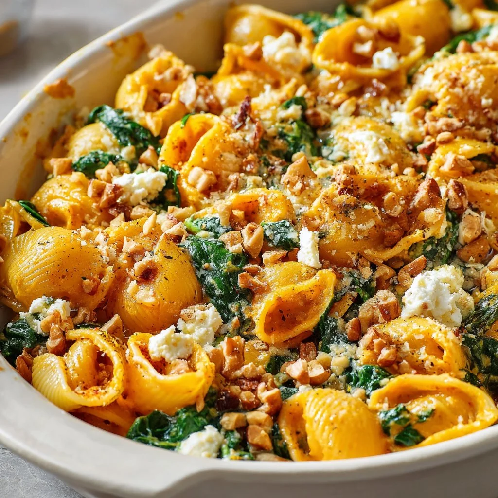 Creamy pumpkin feta pasta dish garnished with herbs and served in a bowl