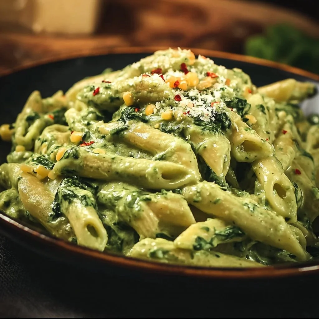 Bowl of creamy spinach pasta with fresh spinach and herbs