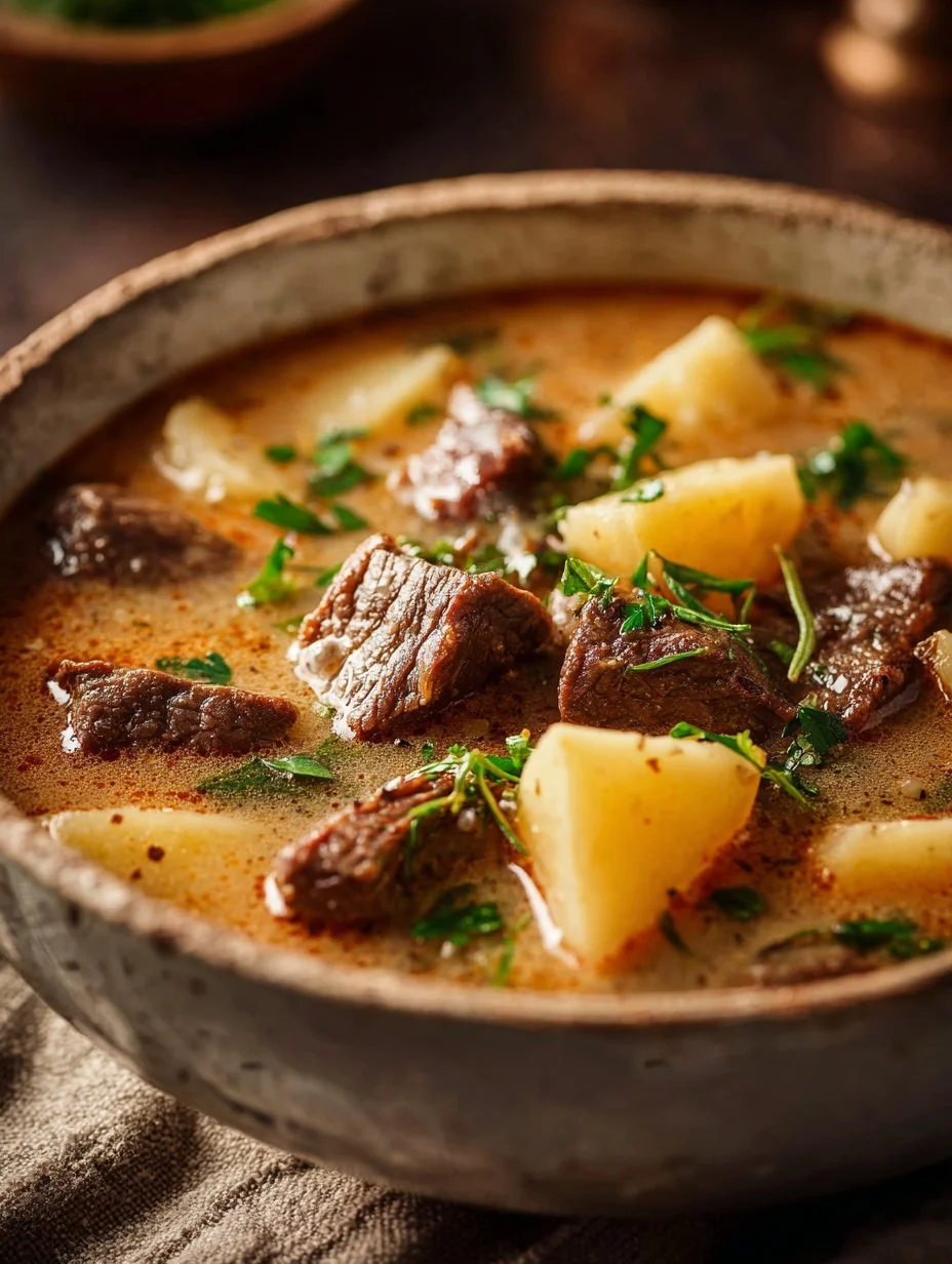 Creamy steak and potato soup garnished with fresh herbs in a bowl