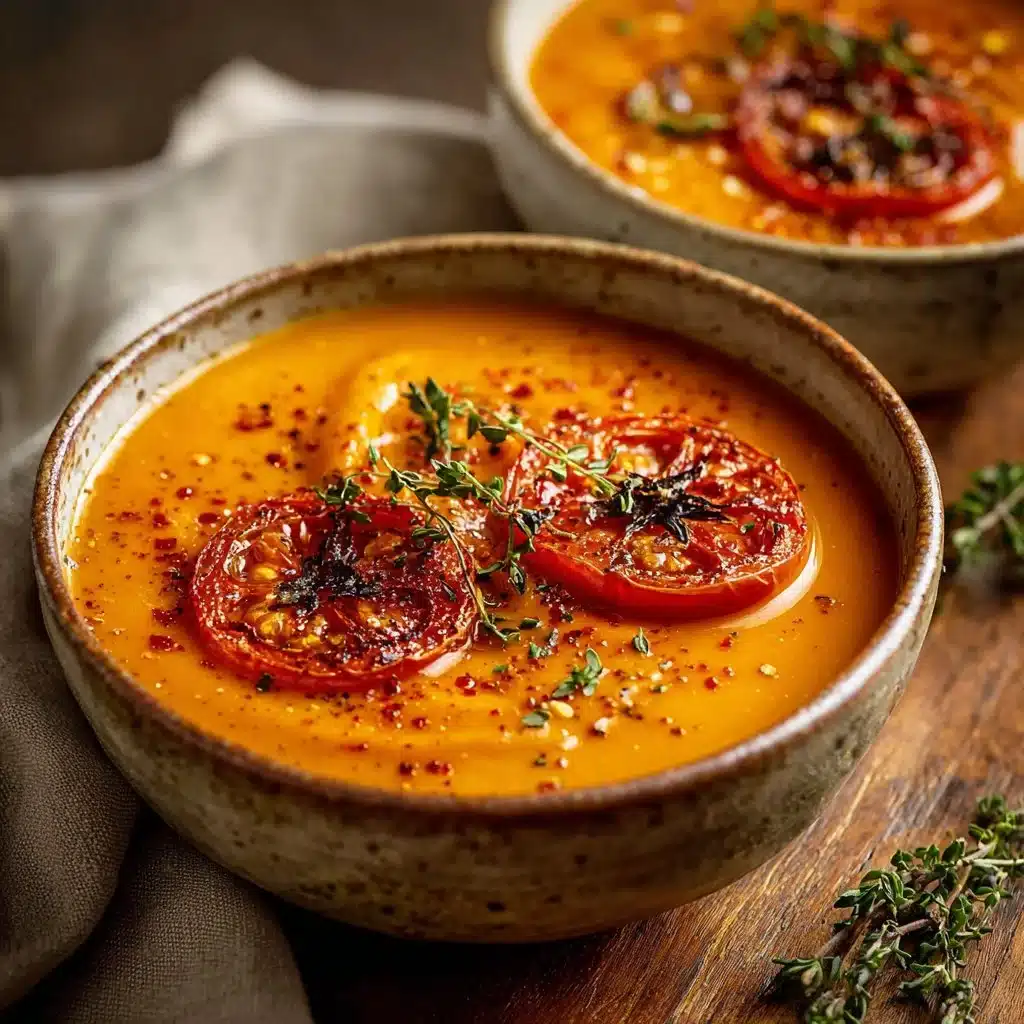 Bowl of creamy tomato garlic soup garnished with herbs and a drizzle of cream