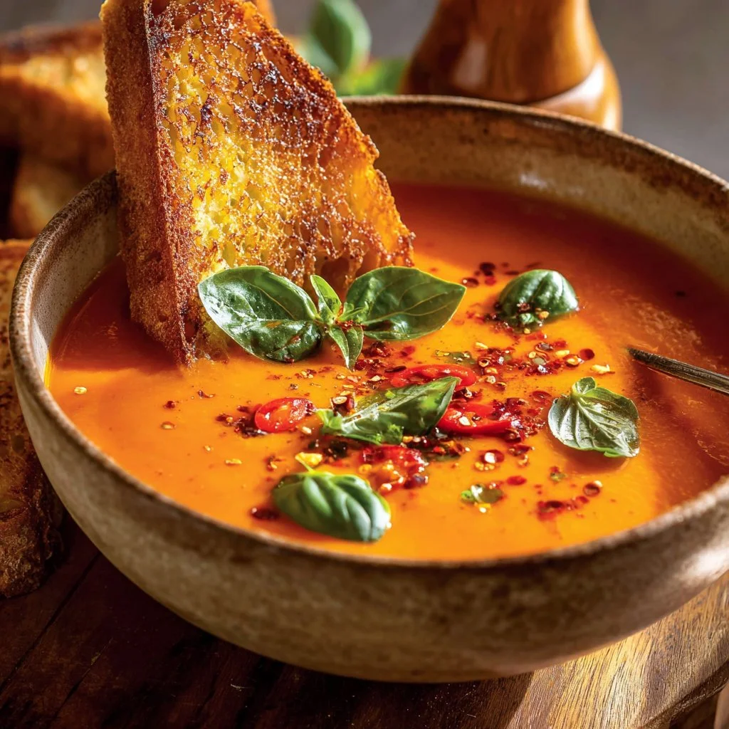 Bowl of creamy tomato soup garnished with fresh basil.