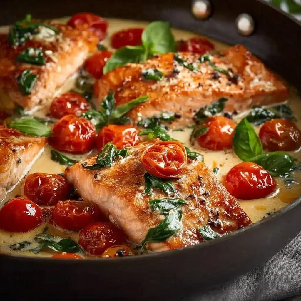 Plate of creamy Tuscan salmon garnished with herbs and served with vegetables